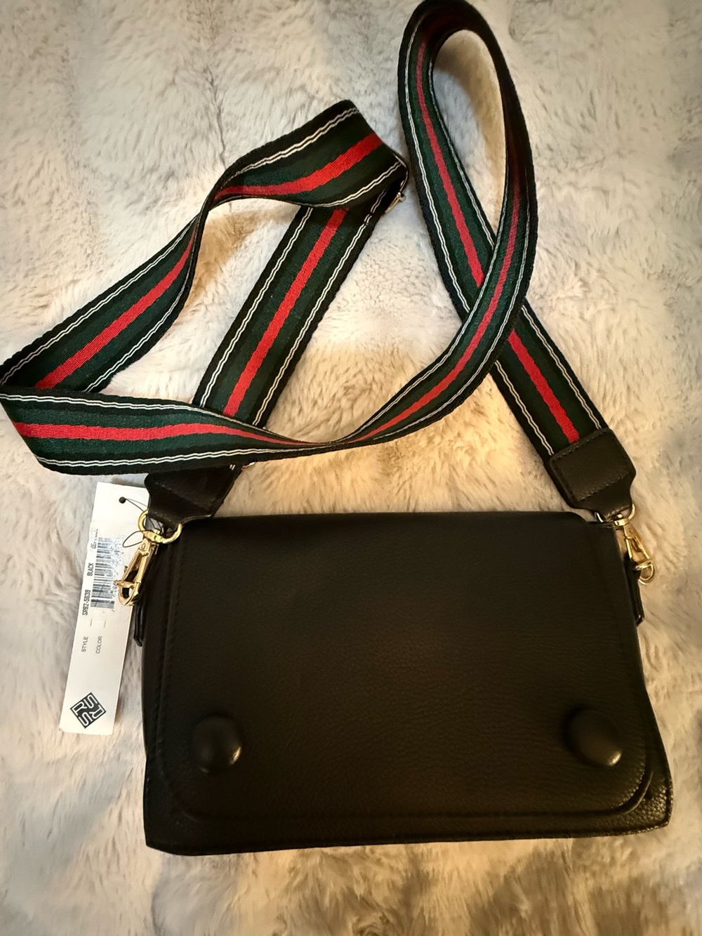 Black Crossbody Bag with Green & Red Stripe Strap